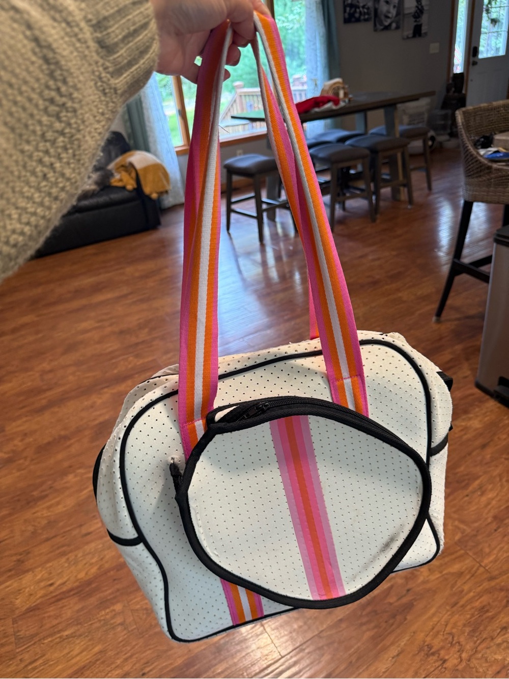White Neoprene pickleball bag Tote with Pink & Orange Striped Handles